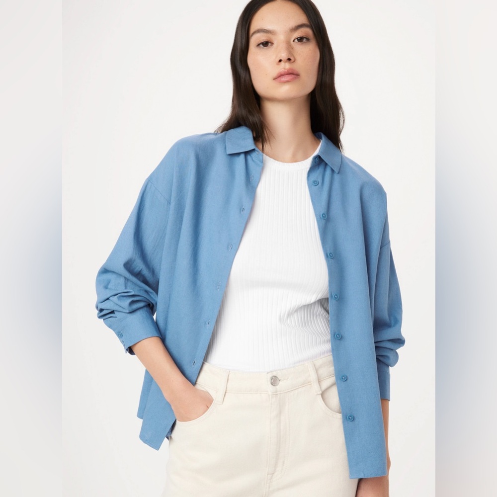 Frank and Oak The Linen Long Sleeve Shirt in Coronet Blue